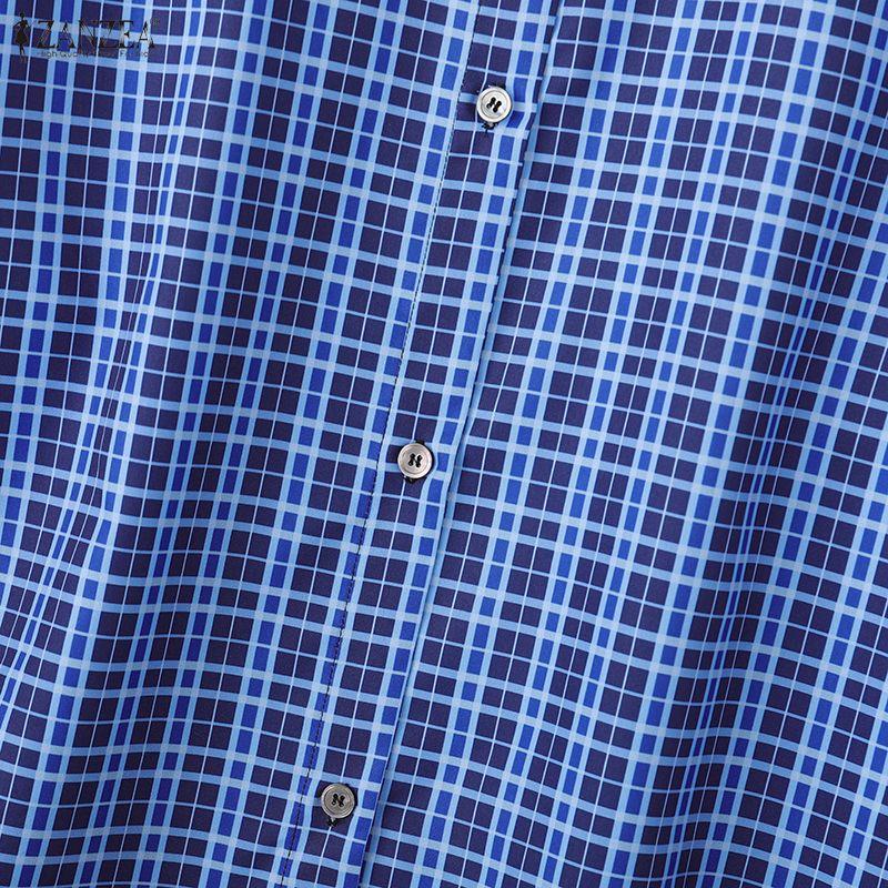 ZANZEA Women Casual Turn Down Collar Long Sleeve Plaid Print Loose Blouse