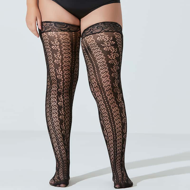 Übergröße Sexy Lolita Mädchen Kniehoch Spitzenoberteil Anti-Rutsch Fischernetz Lange Socken Oberschenkelhoch Netzstrümpfe für Damen XXL Schwarz Weiß