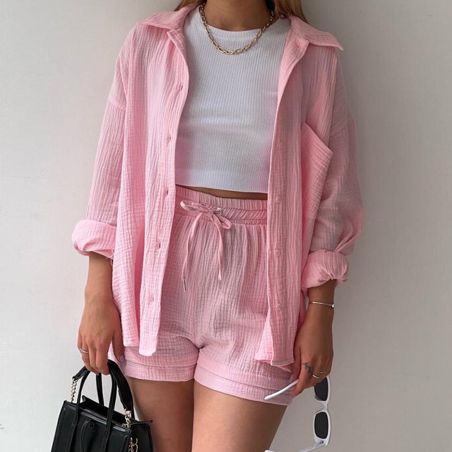 

Women s Ruched Stand Collar Long Sleeve Shirt High Waist Drawstring Shorts Fashion Casual Two Piece Set XXL брінк рожевий колір