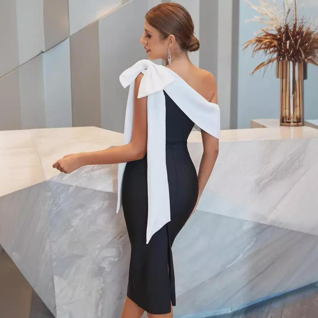European & American One-Shoulder Bow Bandage Dress with Celebrity-Style Slim Fit Skirt