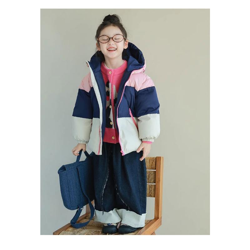 Tri Color Kids Hooded Short Down Jacket Warm Winter Outerwear For Boys And Girls