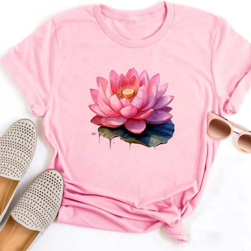 Trendy Lotus Flower Print Women T-shirt Streetwear Short Sleeves Tee Tops Summer Cute Woman Clothes Tops