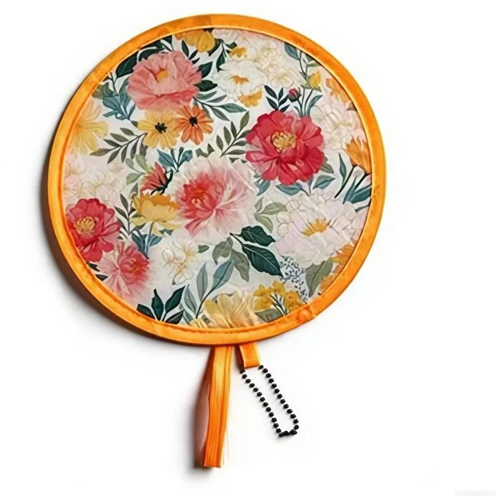 Round Flower Pattern Hand Fan Japanese Style Folding Fan Collapsible Flying Disk Fan With Pocket Portable Mini Fan Summer Travel