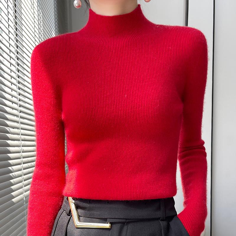 Women's Slim Fit Solid Color Knit Pullover Sweater – Autumn/Winter Long Sleeve Half-High Neck Base Layer