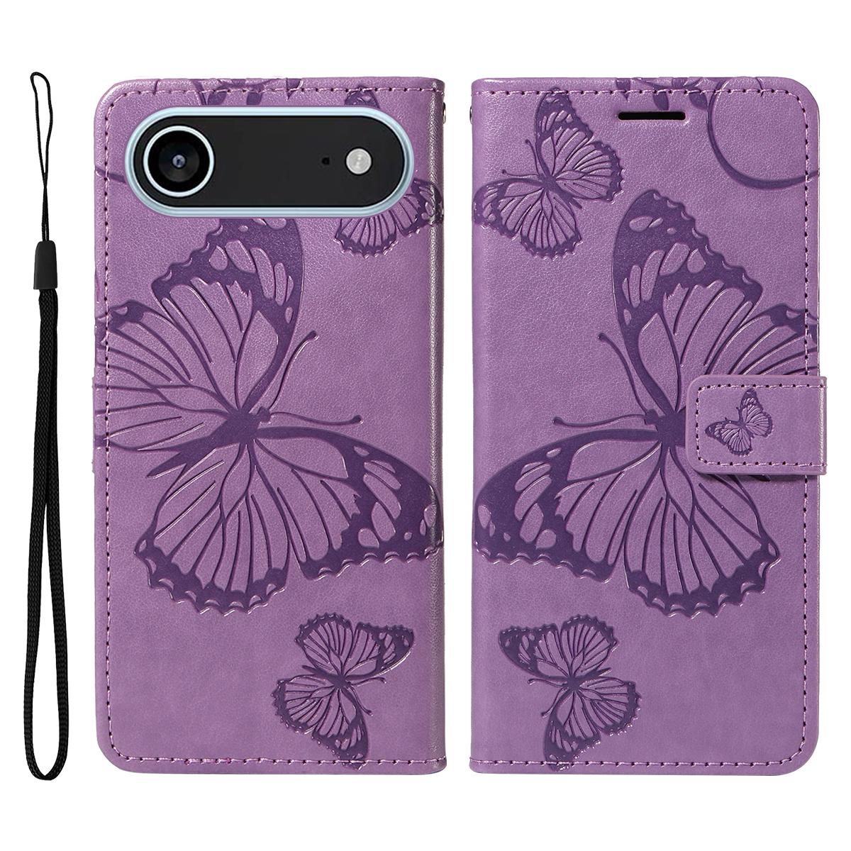 

For iPhone 17 Air Wallet Case Floral Butterfly Imprinted Leather Phone Cover Stand Light Purple