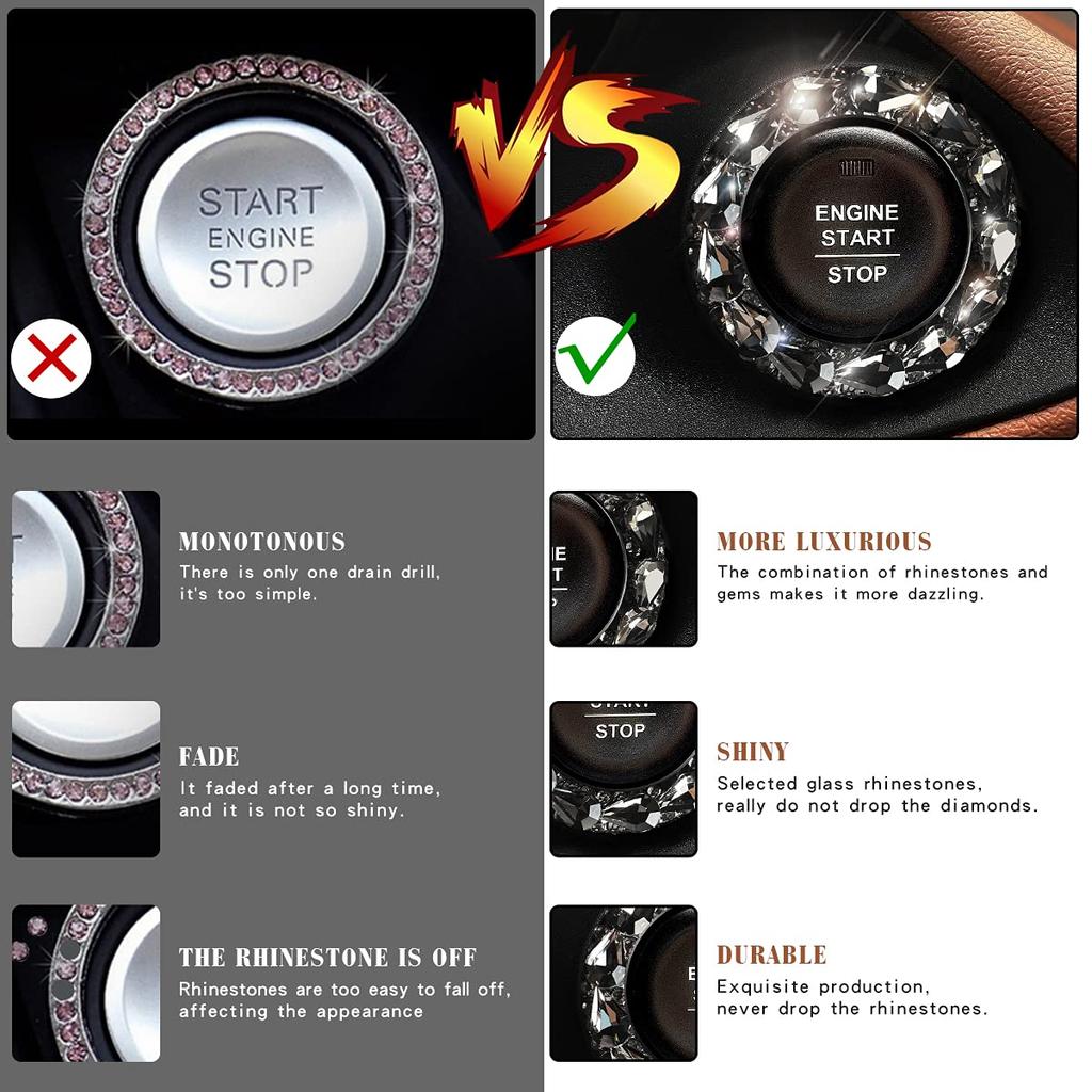 Car Engine Start Stop Button Cover, Shiny Crystal Rhinestone Cover Protection Ring,Black Bling Accessories, Accessories for Wowen (Black gem), outer