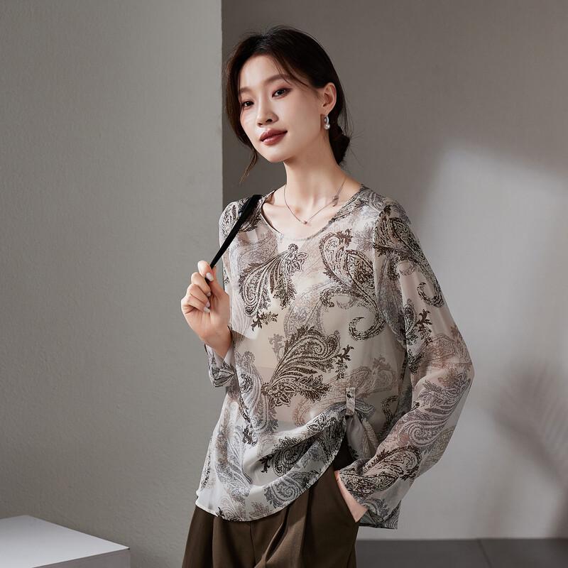 SOFSIL 2026 Summer Women s 100% Silk Retro Print Long Sleeve Shirt M