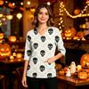 Women's Casual Uniform Top with Halloween Print, V-Neck, Three-Quarter Sleeves, Pockets, Side Slit