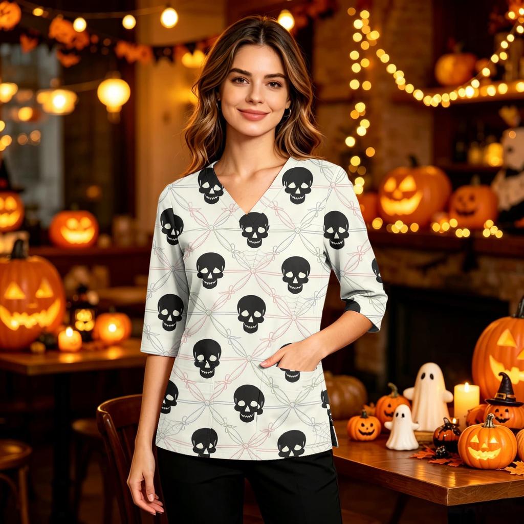 Women's Casual Uniform Top with Halloween Print, V-Neck, Three-Quarter Sleeves, Pockets, Side Slit