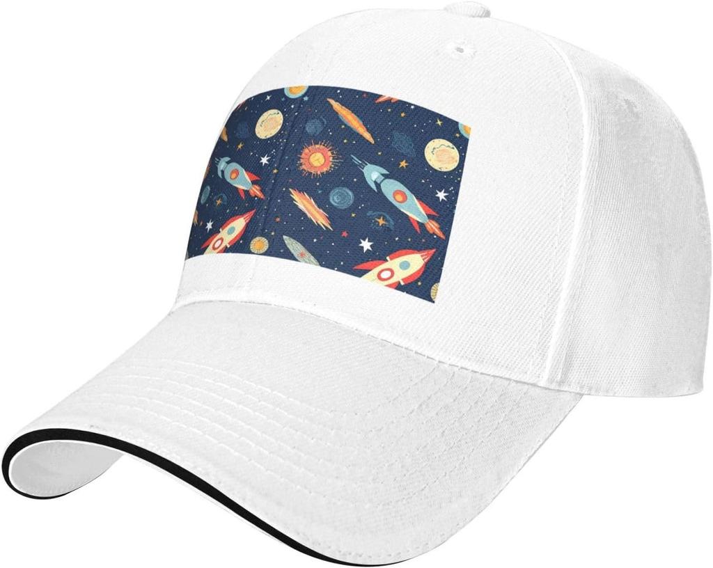 Space Rocket Planet Print Baseball Cap Polyester Casual Adjustable Dad Hat for Adult Unisex
