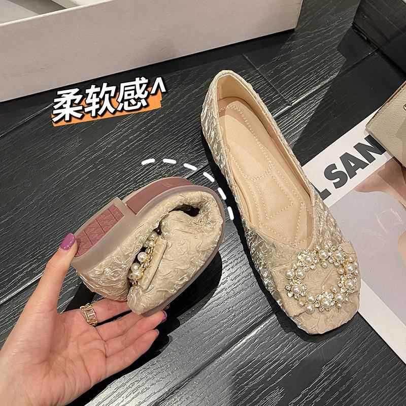 Premium single shoes women's flat shoes spring new square head shallow mouth fairy ladyshoes soft sole Doudou shoes