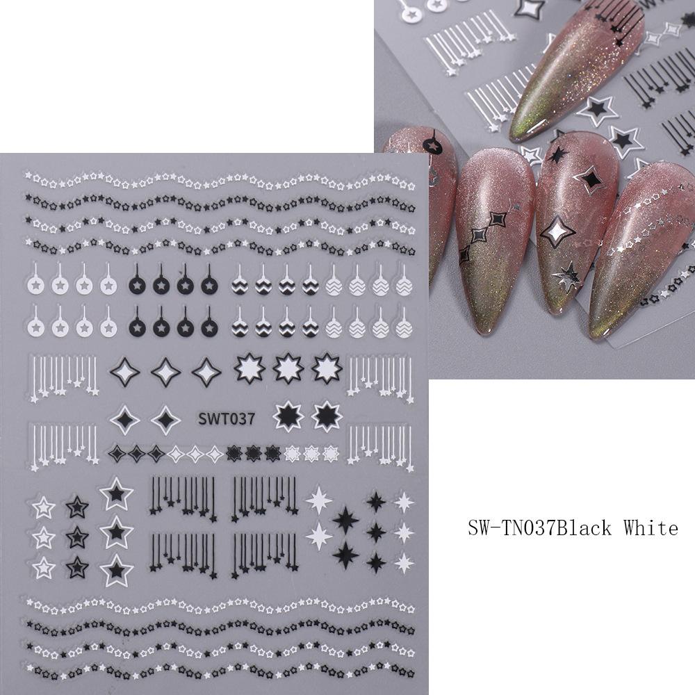 

Наклейка для ногтей с горячим тиснением золотом, трехцветная роспись листьев, выдолбленный цветок, черно-белая звезда, клейкая наклейка на заднюю часть ногтя A