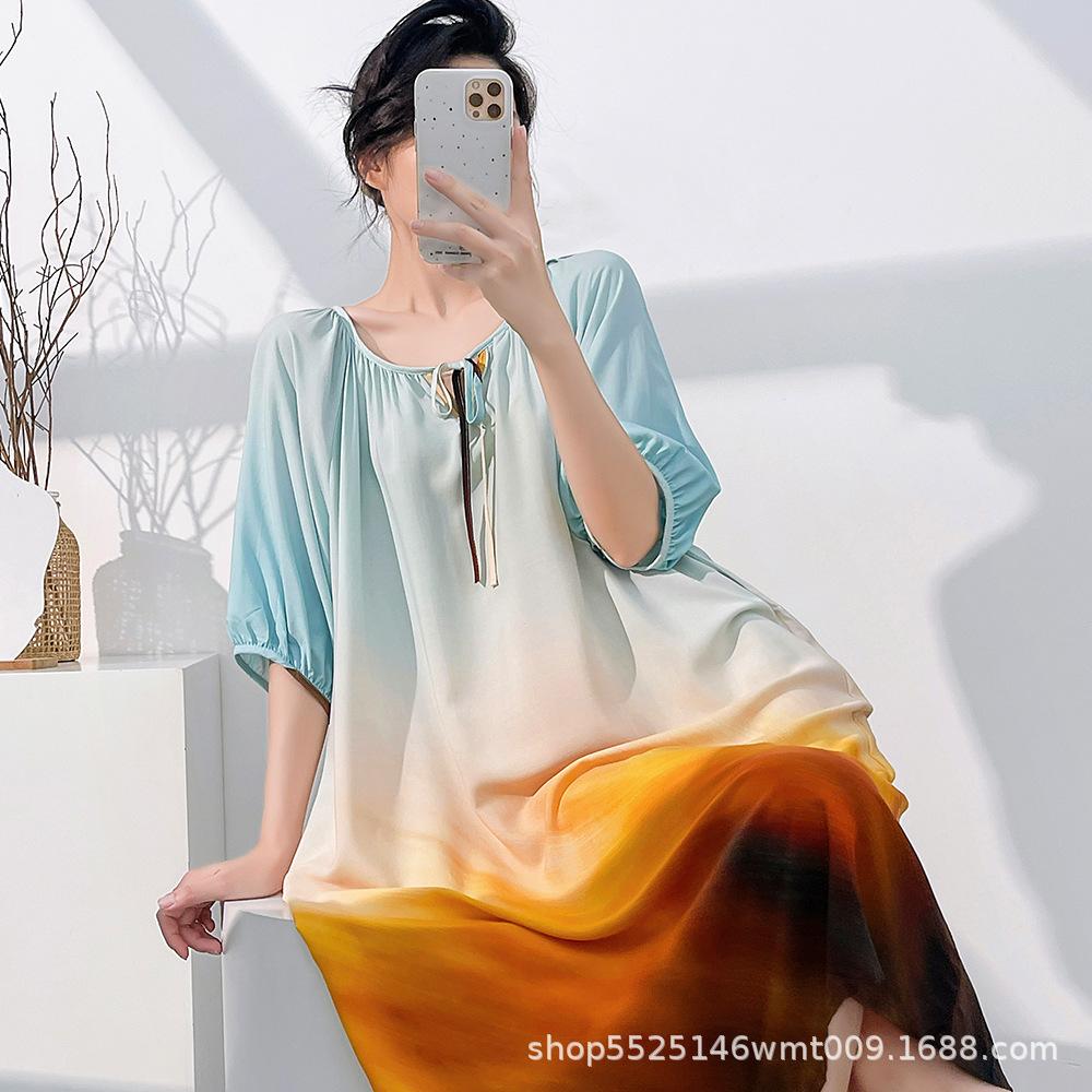1011 Mu Zhensi's new cotton and silk summer dress loose round neck dress printed skirt nightdress vacation style