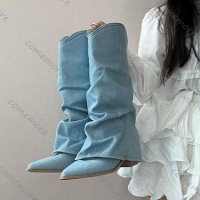 Fashion Comemore Women Pleats Blue Denim Mid-calf Boots Autumn Thick Heeled Pointed Toe Cowboy Botas Woman Slip On Western Long Boots