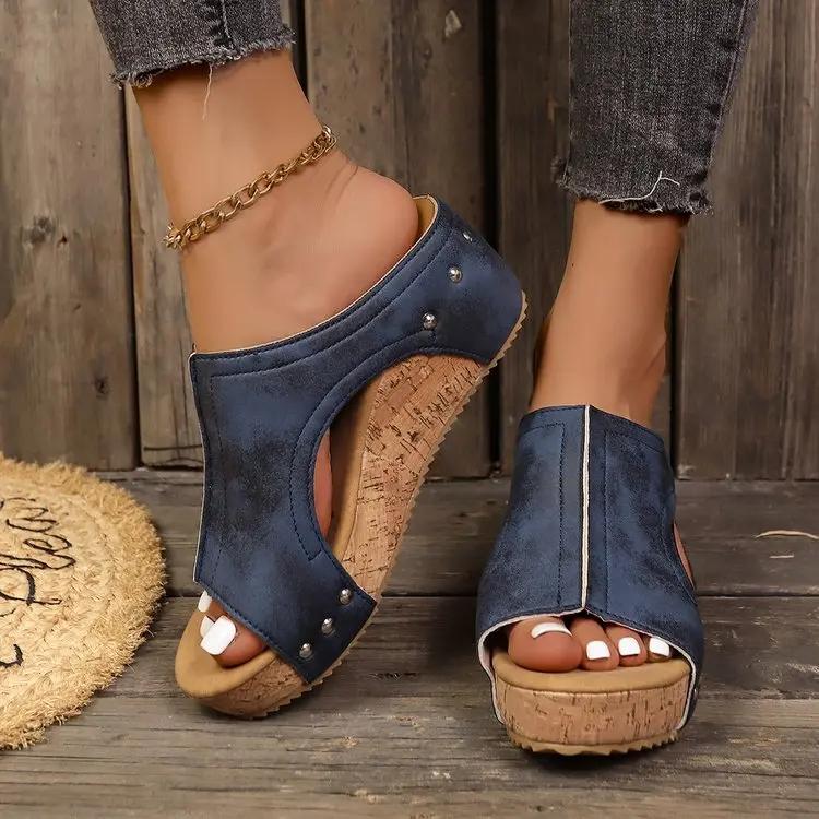 Women Wedges Slippers 2024 New Summer Platform Sandals for Women Rubber Sole Buckle Peep Toe Elegant Slippers Slides Women