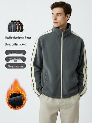 Men's Double-sided 400g Fleece Jacket, Windproof/Thickened, Stand Collar, Autumn/Winter Cardigan Outerwear
