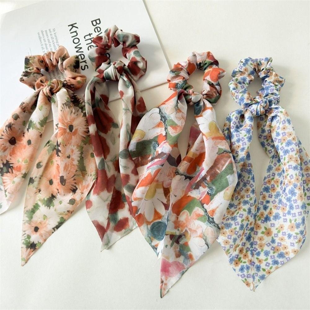 Fashion Hair Scrunchies Triangle Scarf Floral Tie Dye Chiffon Elastic Hair Bands  Summer Beach