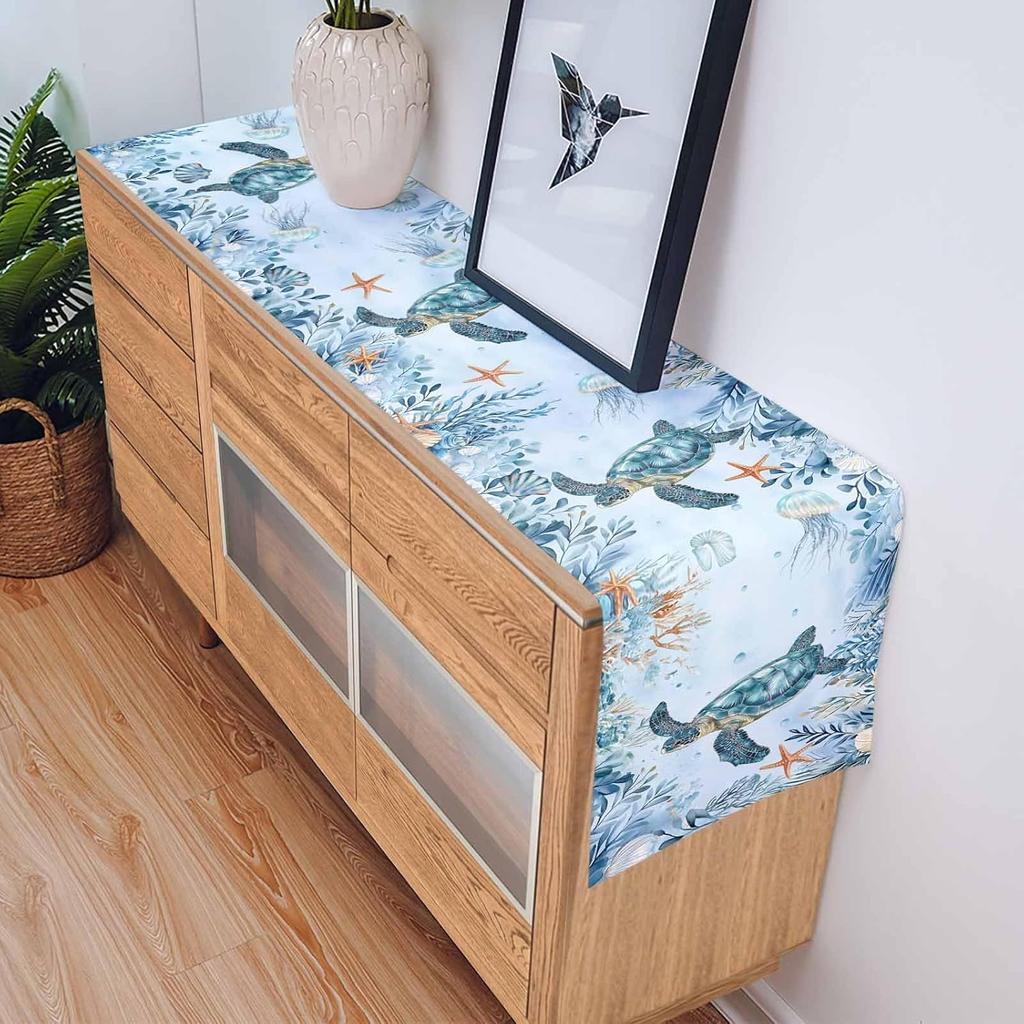 Summer Coastal Sea Turtle Coral Linen Table Runner Party Decor Reusable Farmhouse Kitchen Dining Table Runner Wedding Decoration