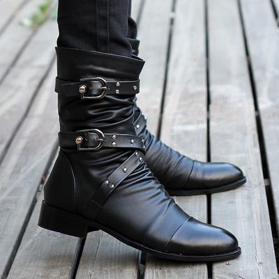 Botas Chelsea de cuero con punta puntiaguda para hombre, botines de media caña con hebilla y correa para el tobillo, botas altas de moto para invierno