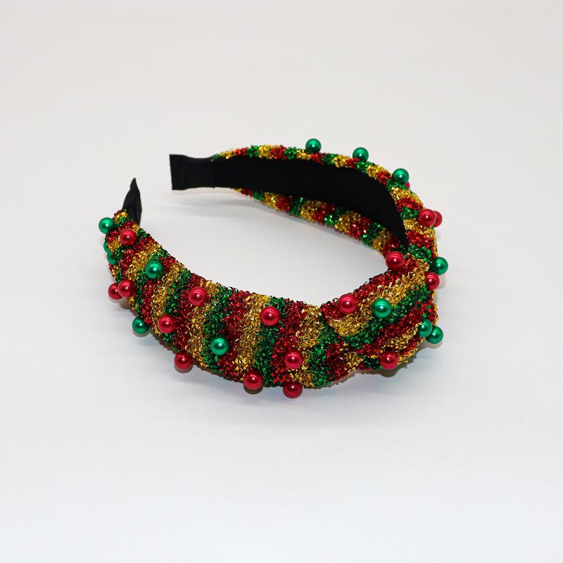 

Рождественская цветная блочная повязка на голову с узлом, украшенная бисером и стразами - Модная и простая для женщин