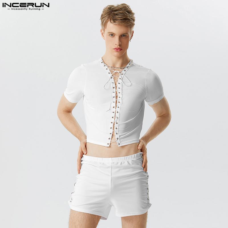 

INCERUN 2PCS Мужской укороченный обтягивающий топ с короткими рукавами + шорты повседневный костюм