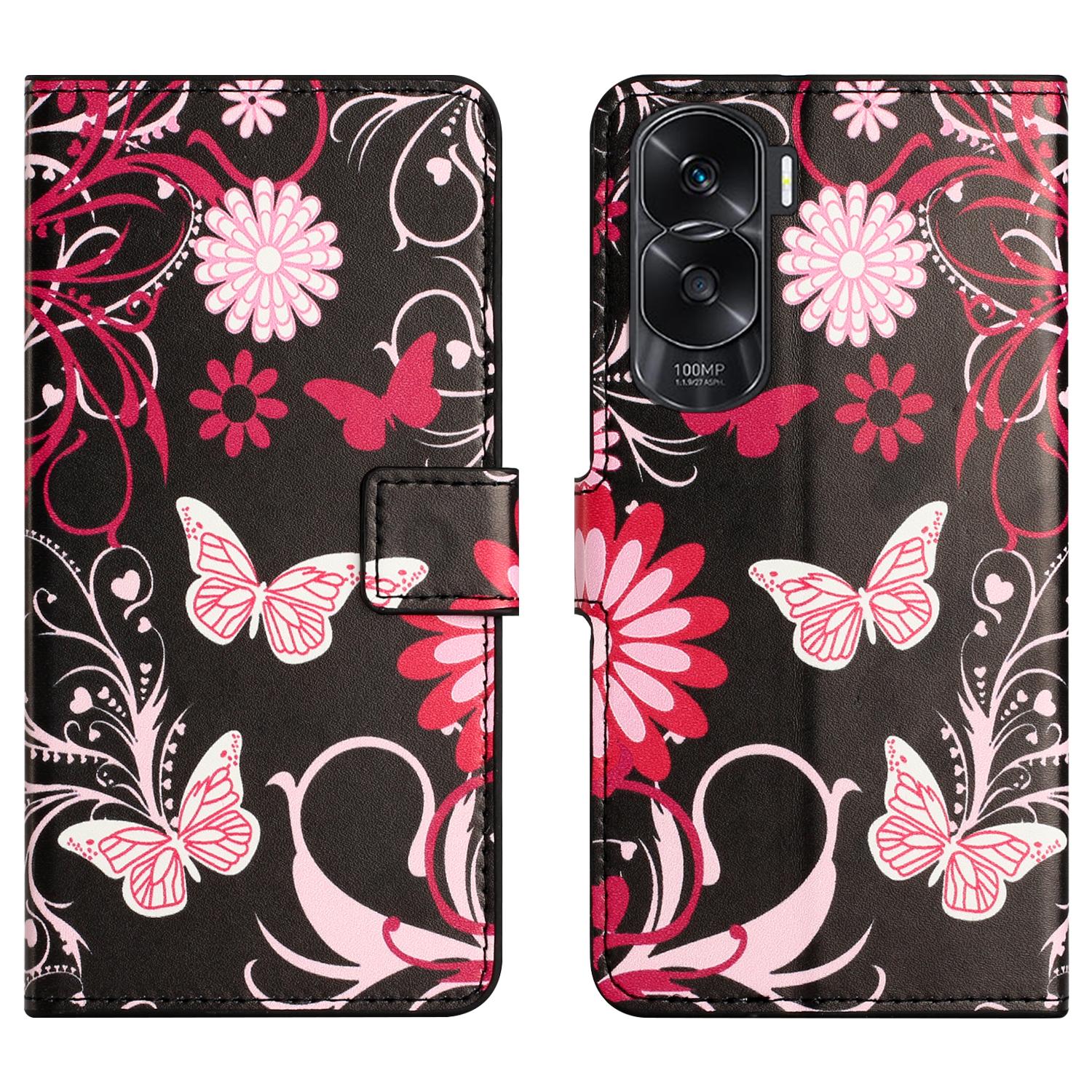 

Чохол з PU шкіри проти падінь для Honor 90 Lite 5G/X50i 5G, чохол для телефону з принтом візерунка гаманця-підставки Black/Butterflies