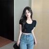 Summer Solid Color Spice Girls Pure Desire U-Neck Shoulder Short Sleeve T-Shirt Women's Short Slim Skinny Bottom Shirt Top Women
