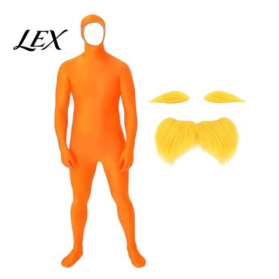 Halloween Dress Up Costume Face Open Costume, Unisex Full Body Orange Bodysuit with Beard Yellow And Eyebrows for Men Women, Adult Stretchy
