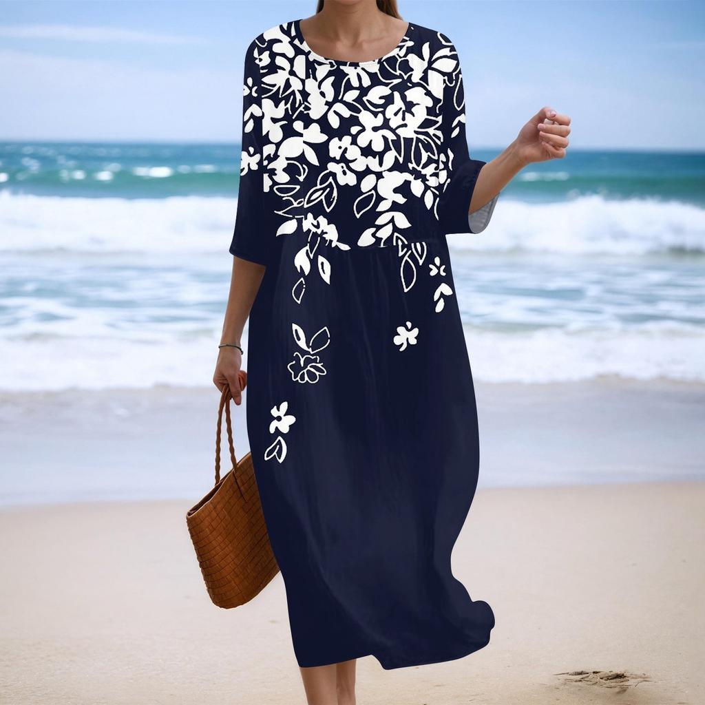 Women's Fashionable Printed Round Neck Seven Quarter Sleeve Loose Dress