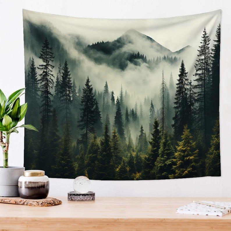 Pine trees, misty forest, nature tapestry 75x100 чёрный