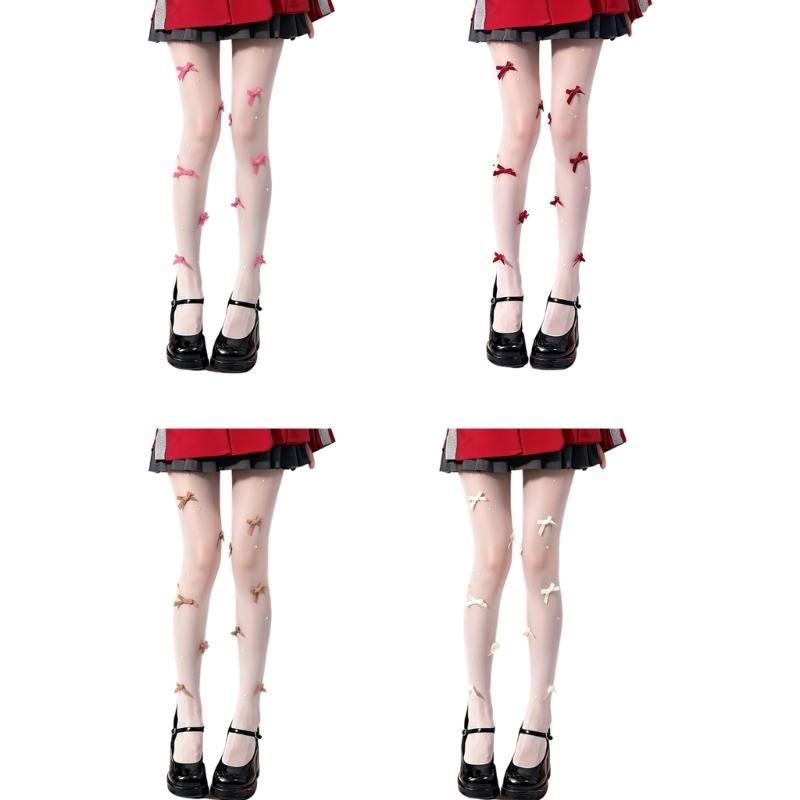 Women's Sheer Tights Control Top Pantyhose Sparkly Bows Pearls Pantyhose Tights Nylon Stockings
