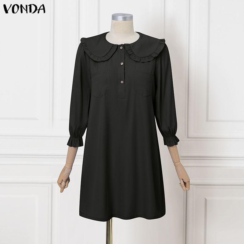 VONDA Women Elegant Doll Collar Long Sleeve Casual Tunic Dress