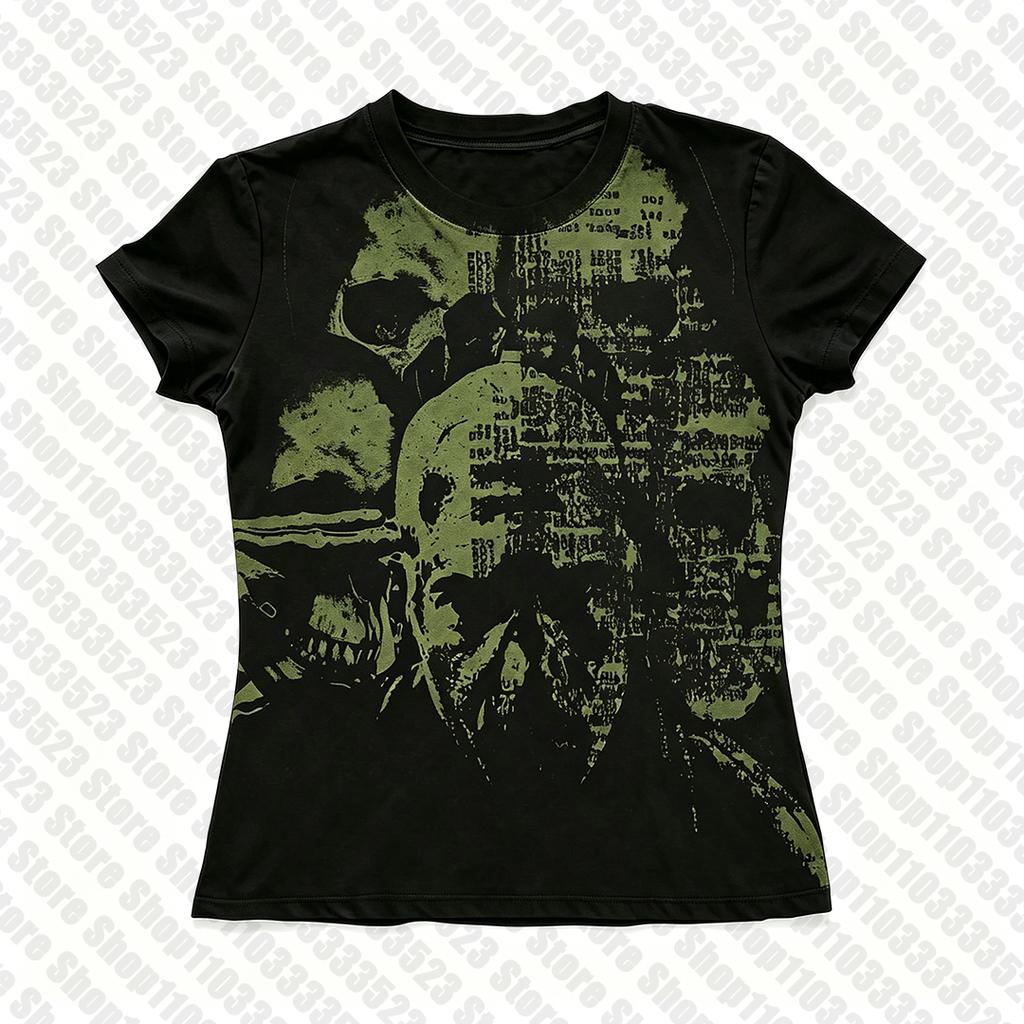 Y2k Kurzarm Top Punk Gothic Druck Street Tees Tops Emo Mädchen Retro Print Y2K Totenkopf Freizeit Tees 2000er Damenbekleidung Tops