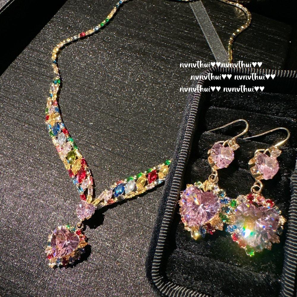 Flower Fairy Rainbow Love Jewel Necklace, Designer, 18K Gold Plated, Royal Blue Love Diamond Earrings