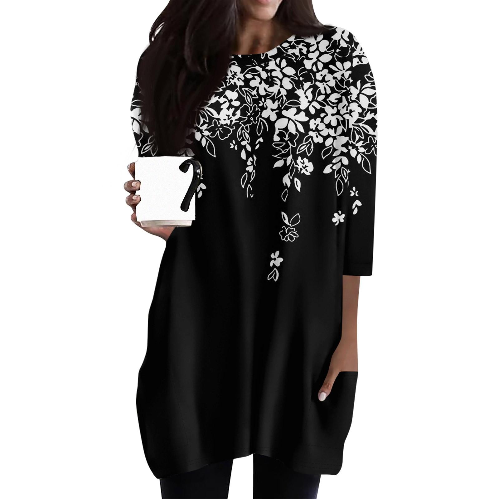

Женские повседневные рубашки с рукавами 3/4, модные туники с принтом, топы с карманами L чёрный