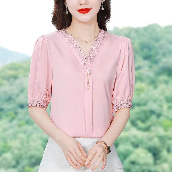 Top la modă cu mâneci scurte de vară, cu cusături din dantelă, cămașă cu fundul de culoare solidă, pulovere cu decolteu în V, bluză M-4XL