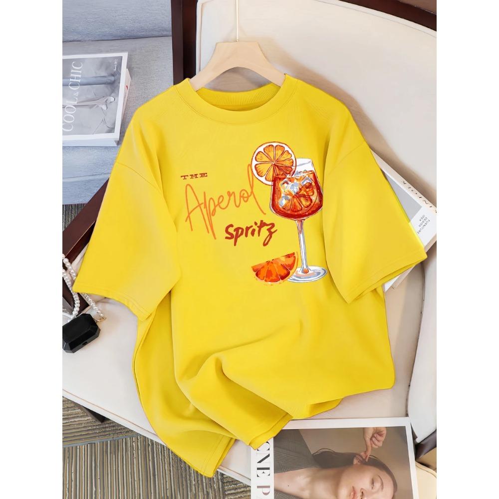 Lemon Red Wine Printed Women's Short Sleeved Round Neck T-shirt Women's Y2K Top New Fashionable and Comfortable Summer Women's Clothing