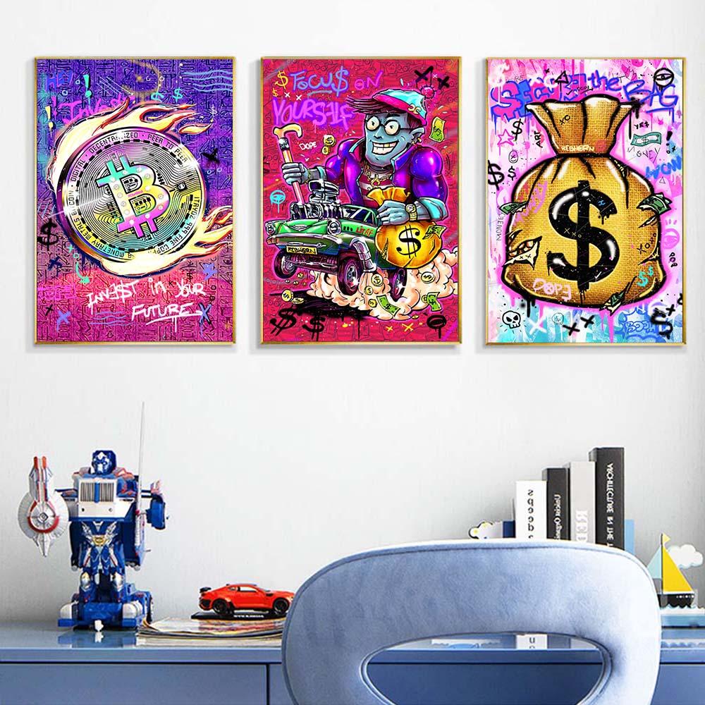 Bitcoin Poster and Print Graffiti Street Art Canvas Painting Pop Wall Art Money Bag Picture For Living Room Home Decor Frameless