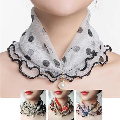 Female Ruffle Scarf Neck Cover Fake Pearl Pendant Neck Collar Sun Protection Bib Scarves Organza Elastic Small Scarf Headband