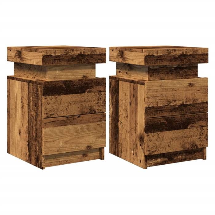 VidaXL Tables de chevet avec LED 2 pcs vieux bois bois d'ingénierie, meuble de chevet, table d'appoint, armoire de lit, 857655