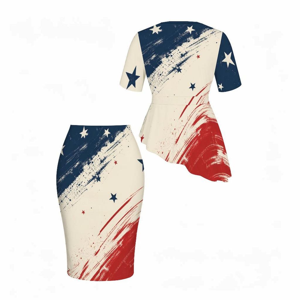 Women Plus Size Round Neck Short Sleeve Printed Asymmetric Top And Fitted Skirt Two Piece Set