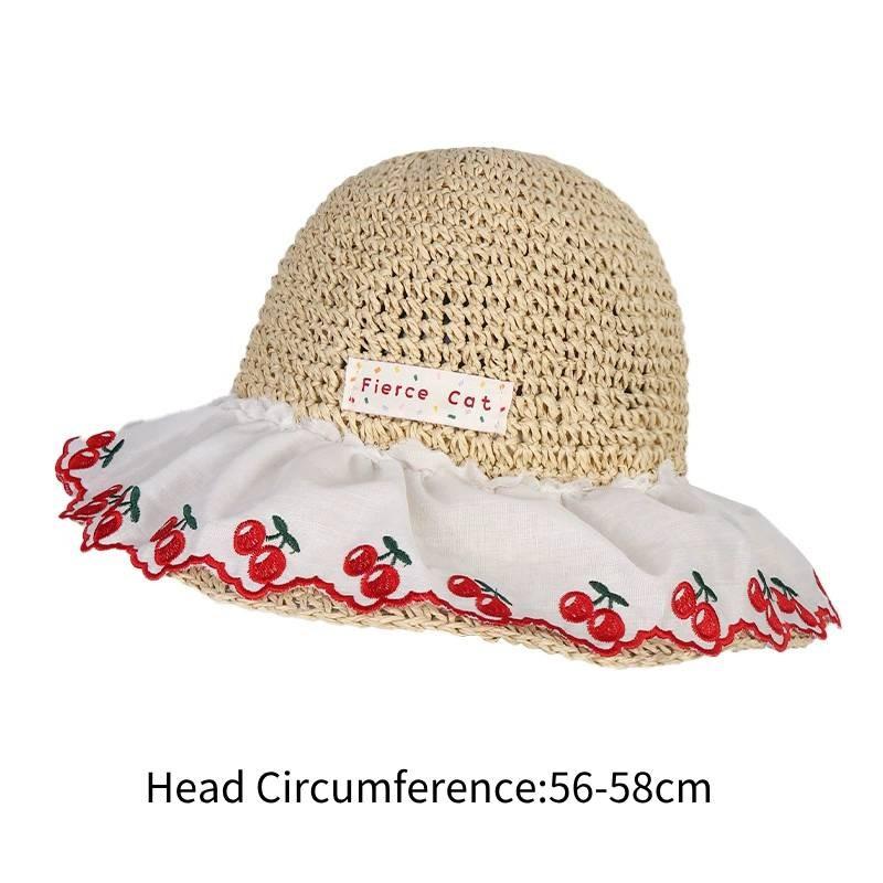 Cherry Sun Lace Hat Women Summer Beach Vacation Large Brim Sun Cap Protection