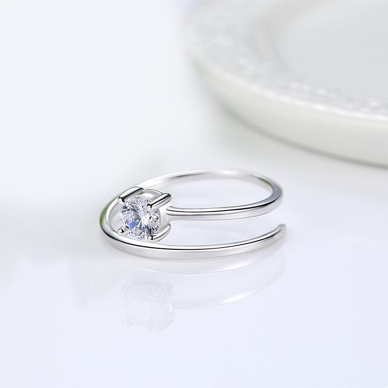 S925 Sterling Silver Adjustable Open Ring with Diamond Inlays - Four-Prong Design, Perfect for Qixi Festival.