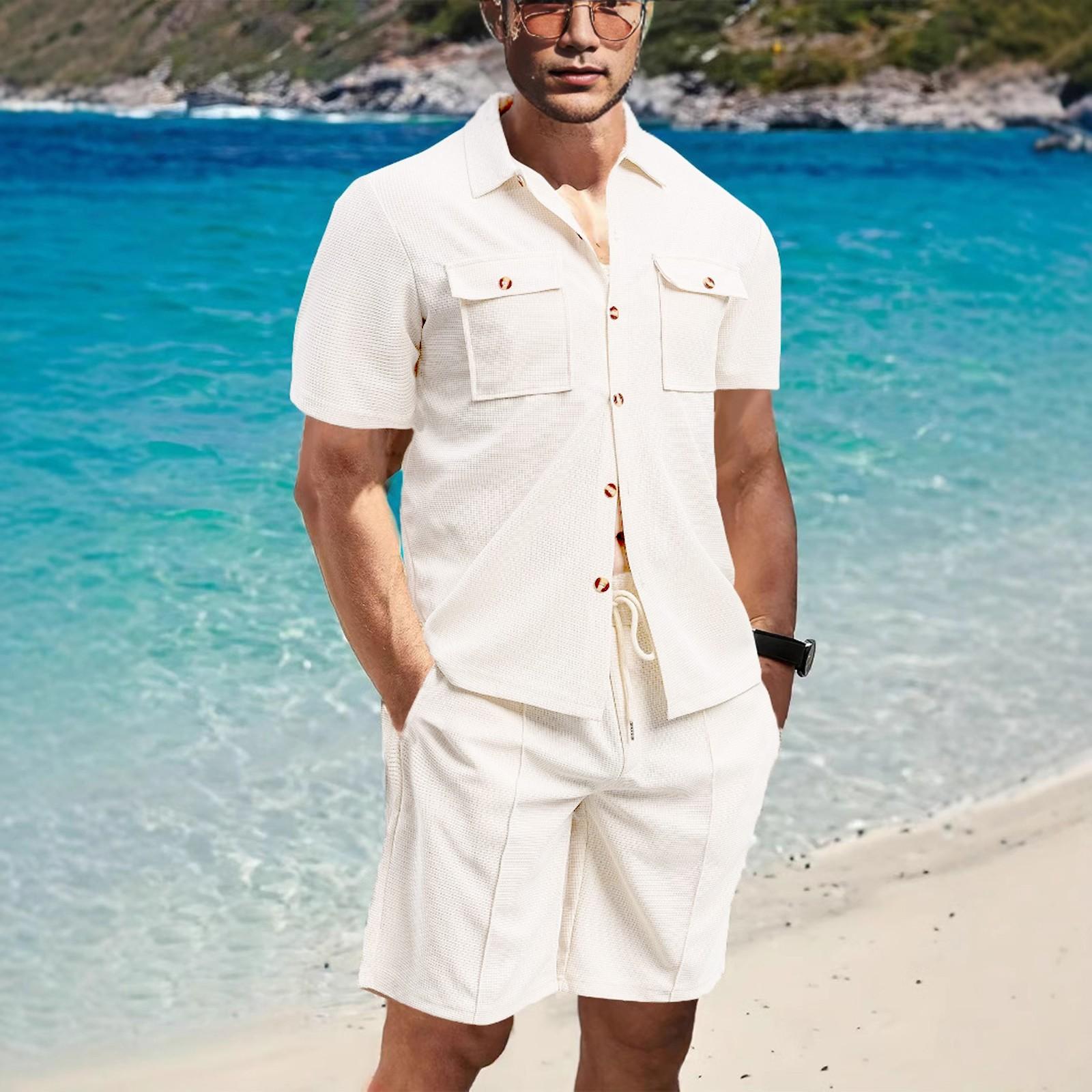 

Мужская летняя повседневная рубашка с карманами и короткими рукавами, комплект из двух предметов XL белый