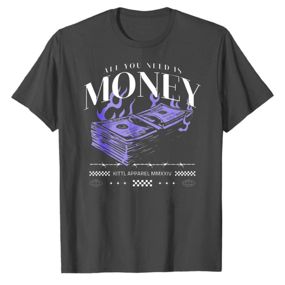 All You Need Is Money Purple Flame Stacked Dollar Bill Print Cotton Tshirt Retro Entrepreneur Casual Wealth Theme Party Gift Top