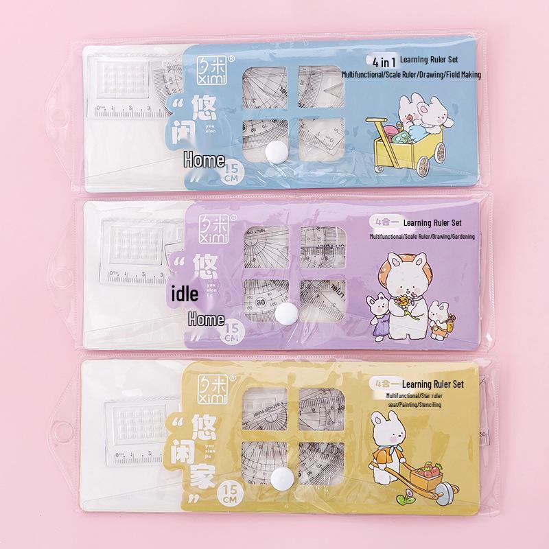 Adorable Student Ruler Set: 20cm Ruler, Triangle, Protractor, and 4-Piece for Primary School Standard