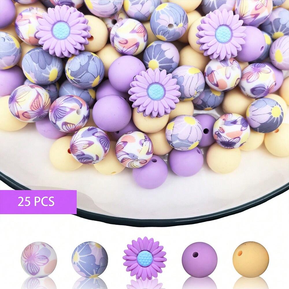25PCS daisy and floral printed silicone bead set, punk style, suitable for DIY keychains, bracelets, bead pens