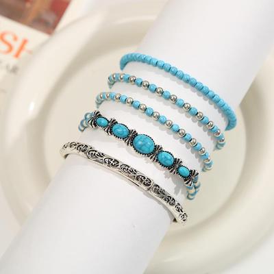 Bohemian Beaded Bow Knot & Turquoise Bracelet Set - 5 Pieces