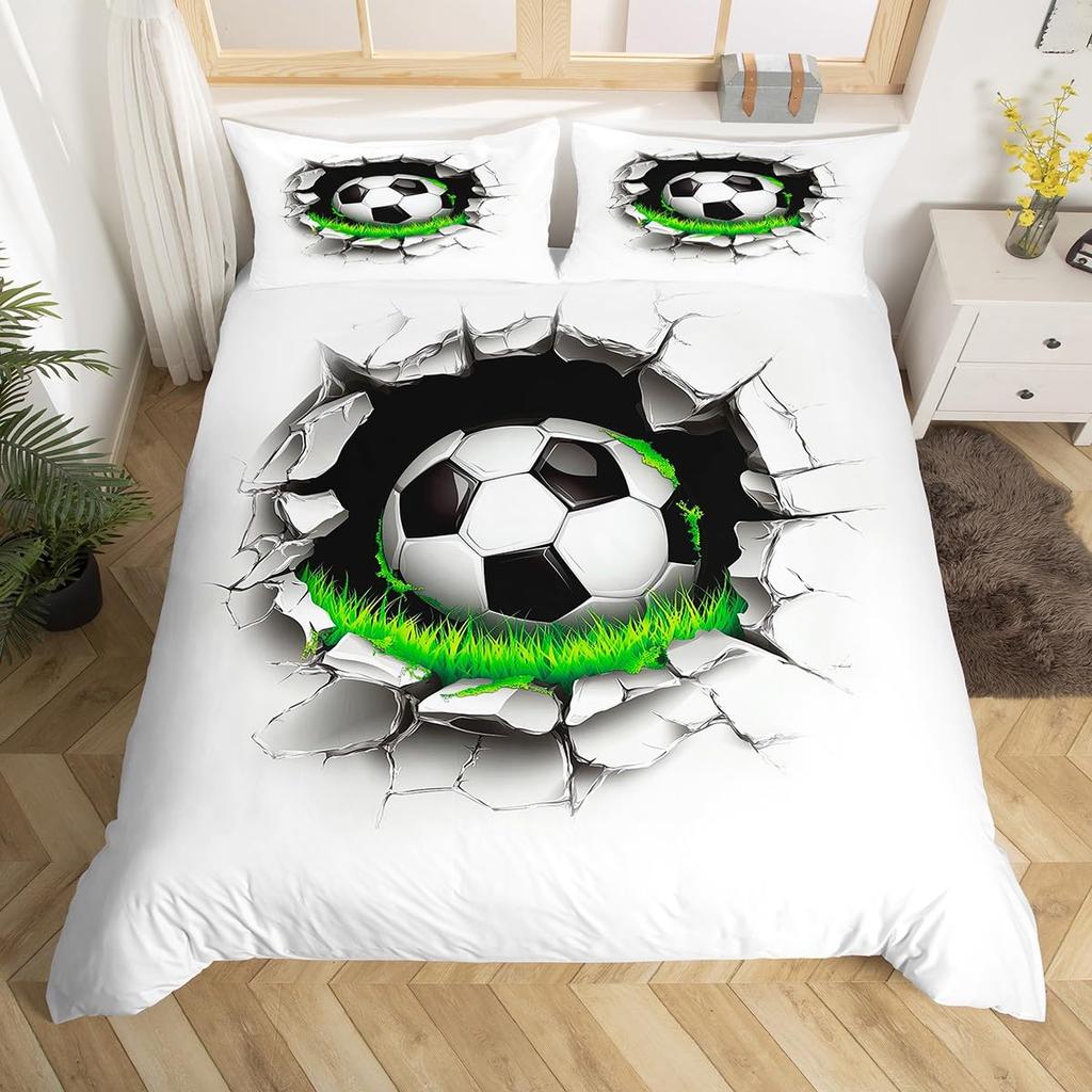 Comforter Football Occer Sports Abstract Ice And Fire Art Design Teens Boys Cool Navy Blue 3 Pcs Bedding Set