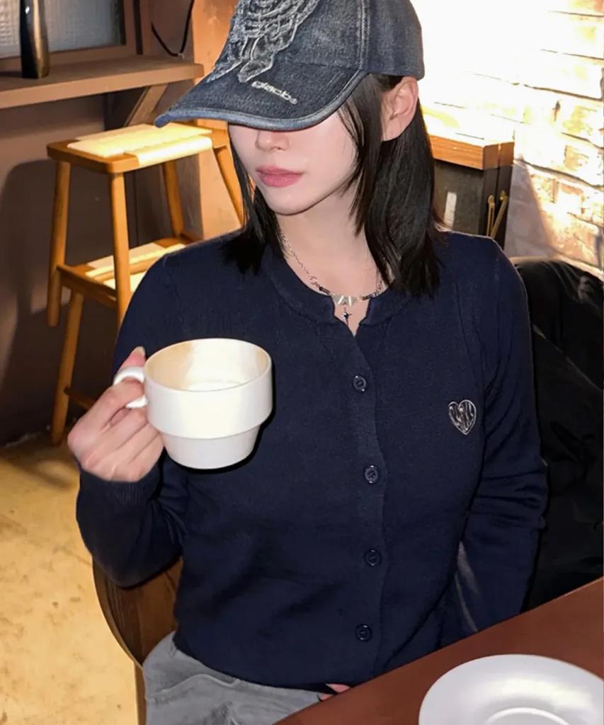 CHICKS Mvk Heart Stitch Mini V-Neck Knit Navy